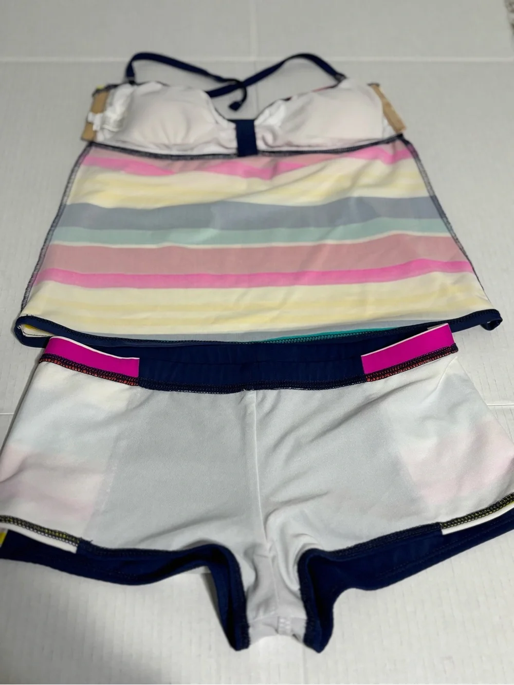 Tankini Set Striped Multicolor Top with Navy Swim Shorts Women M